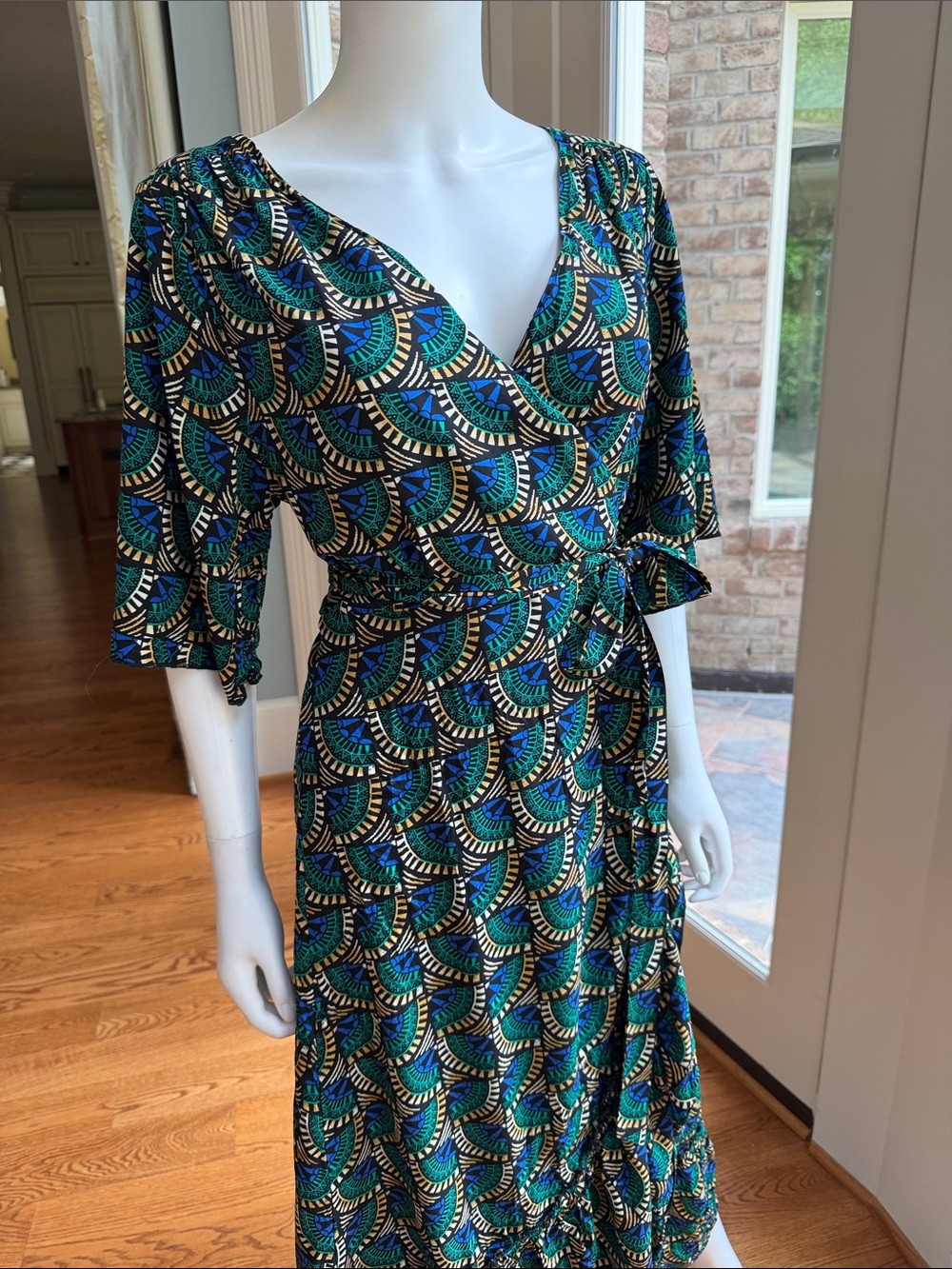 Silk and salt true v Neck Wrap Maxi Dress in Teal Geometric Print
